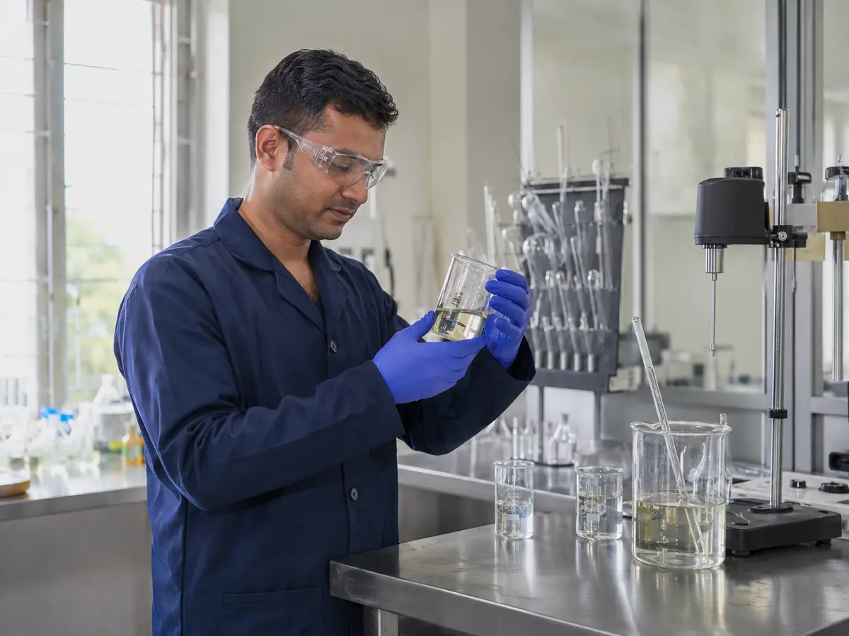 Quality control professional examining an industrial chemical sample